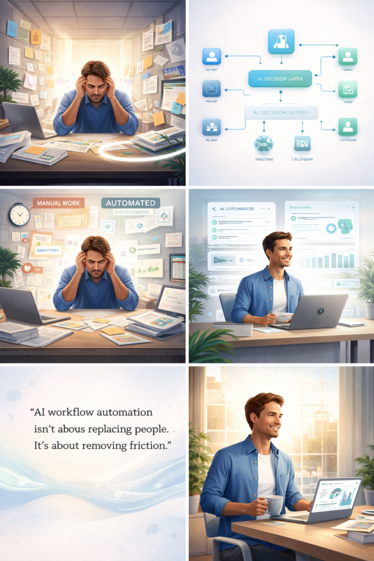 Small business owner overwhelmed by manual tasks before AI workflow automation