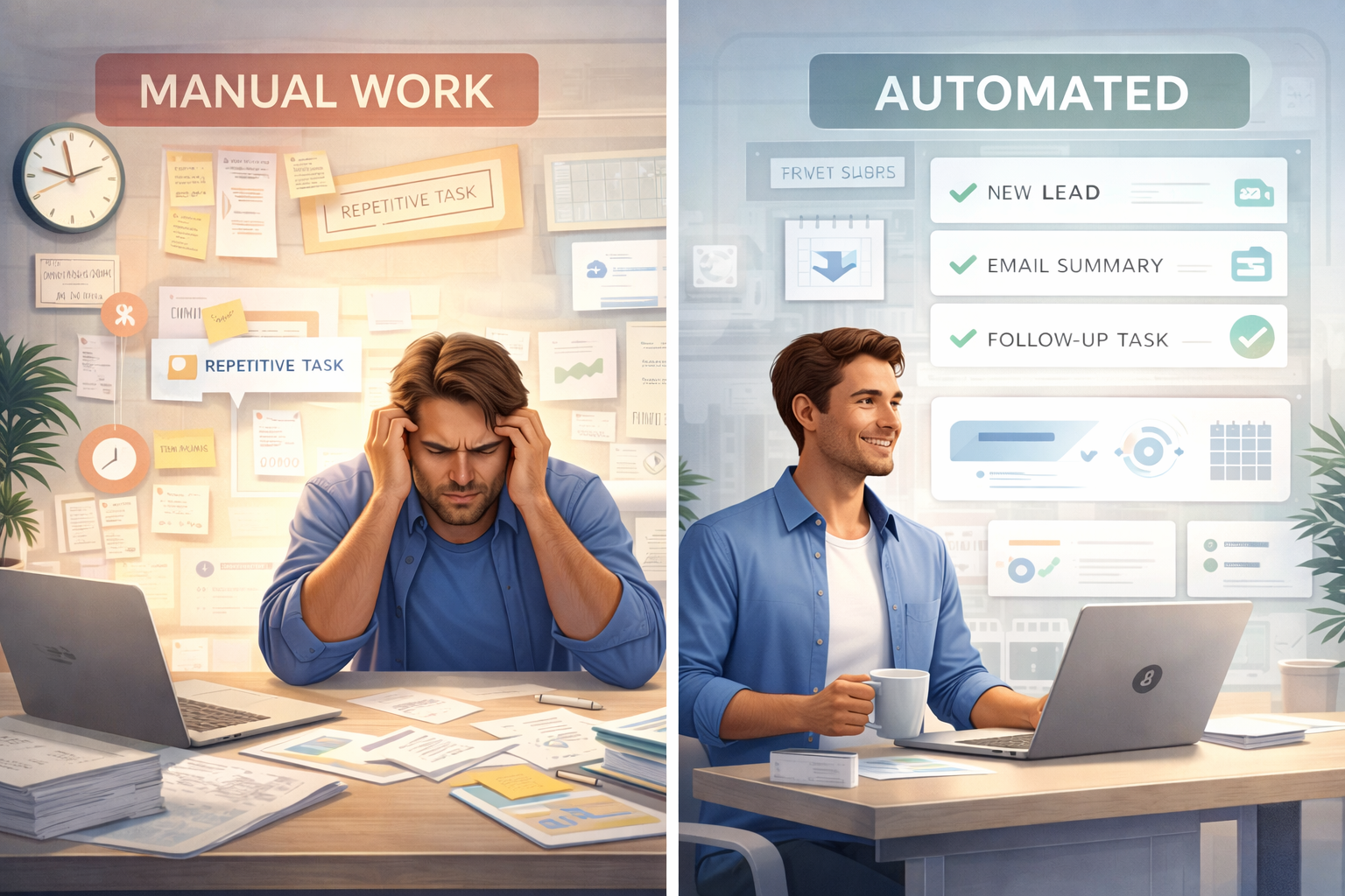 Manual work compared to automated workflows for a small business owner