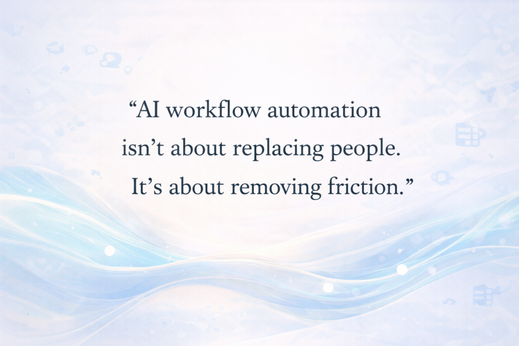 Small business owner calmly reviewing automated workflows in a modern workspace