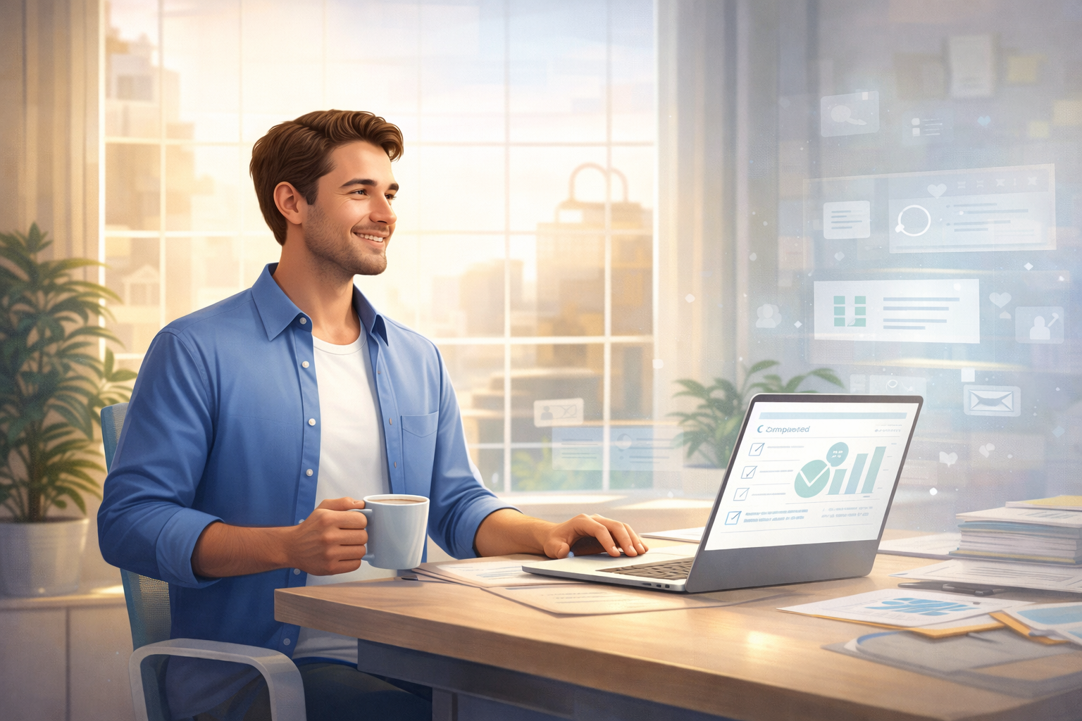 Small business owner calmly reviewing automated workflows in a modern workspace