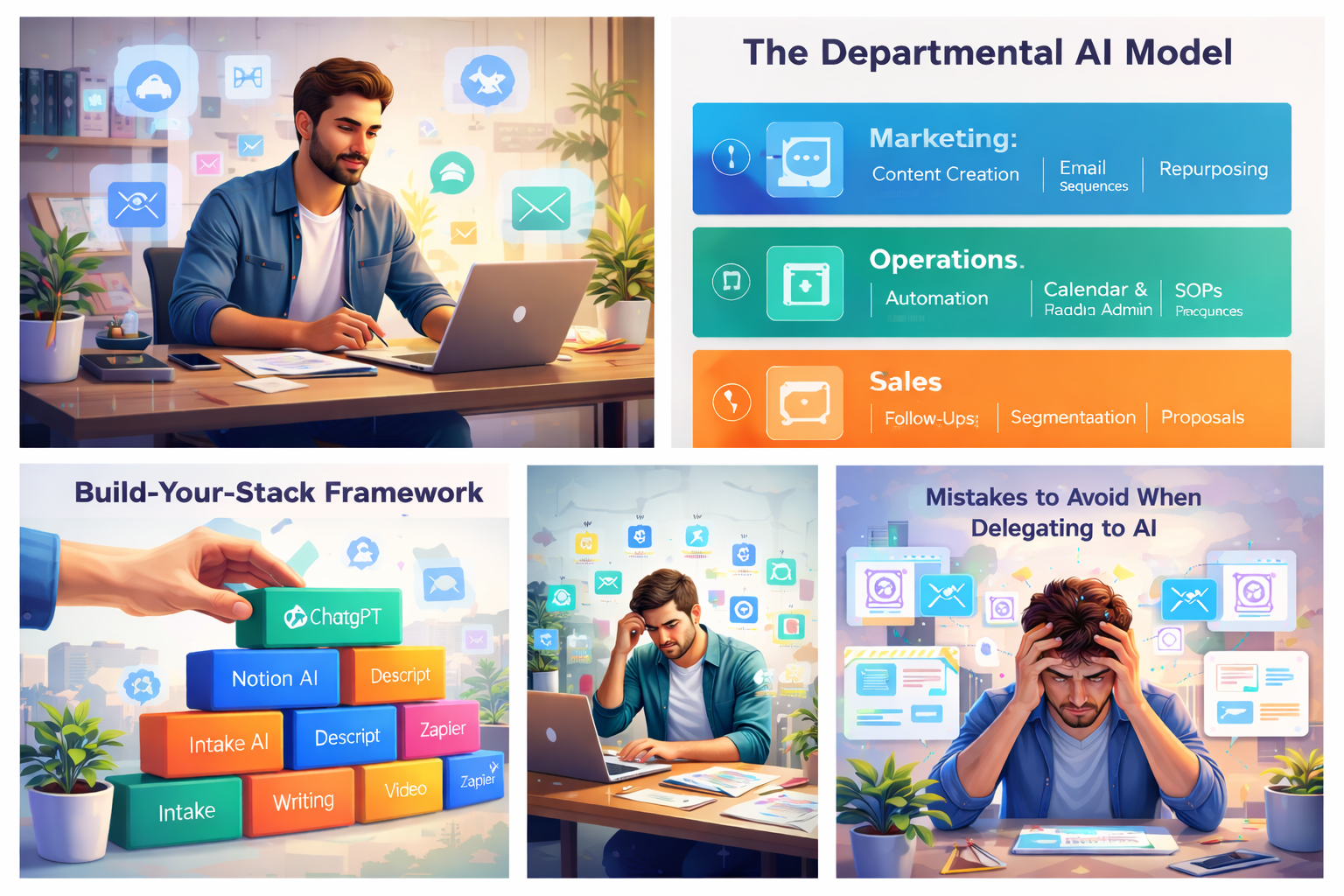 A solo entrepreneur in a bright workspace, visually surrounded by labeled AI tools across three departments — marketing, operations, and sales. Represents an AI-enhanced business system for solopreneurs.