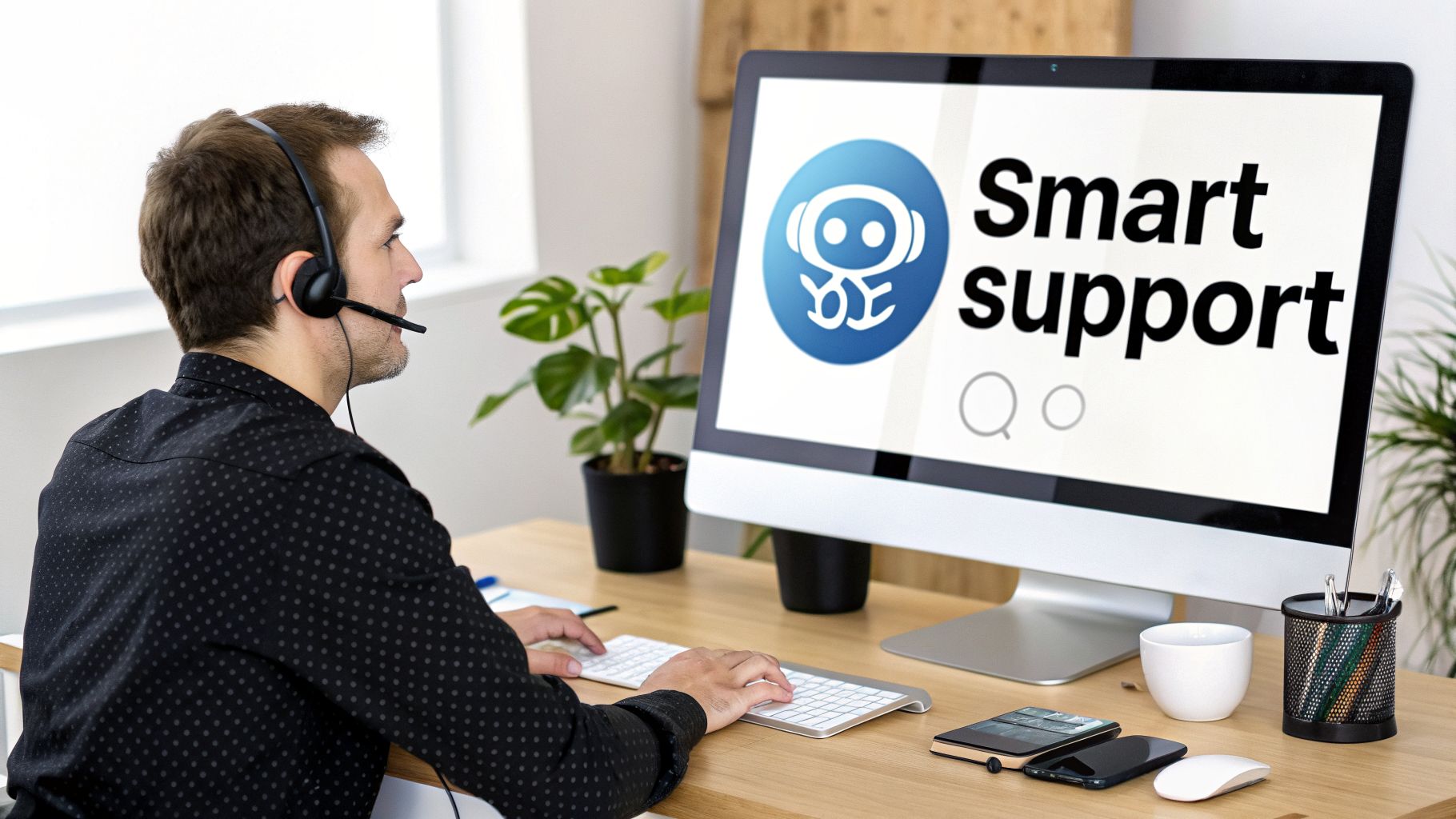 Customer service agent with a headset working on a computer showing 'Smart support' interface.