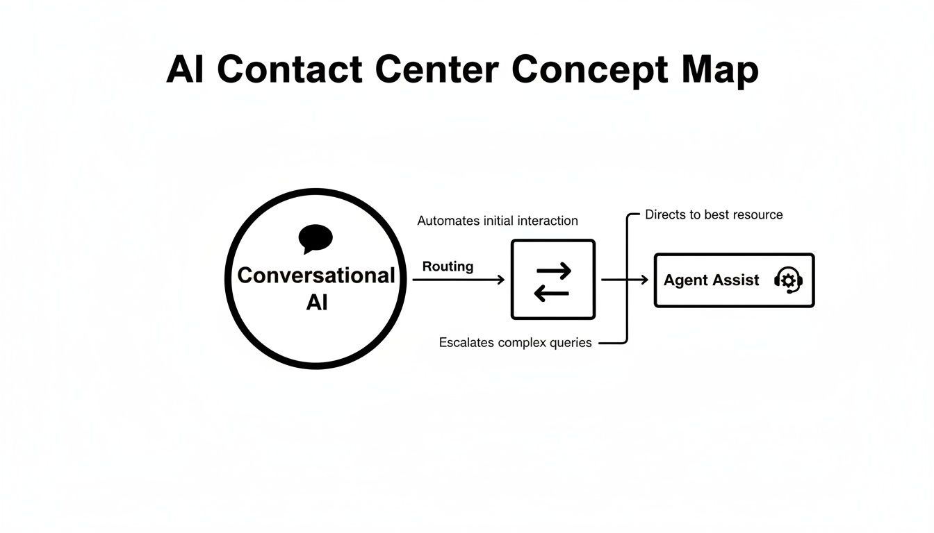 AI Contact Center Concept Map illustrating conversational AI routing interactions to agent assist.