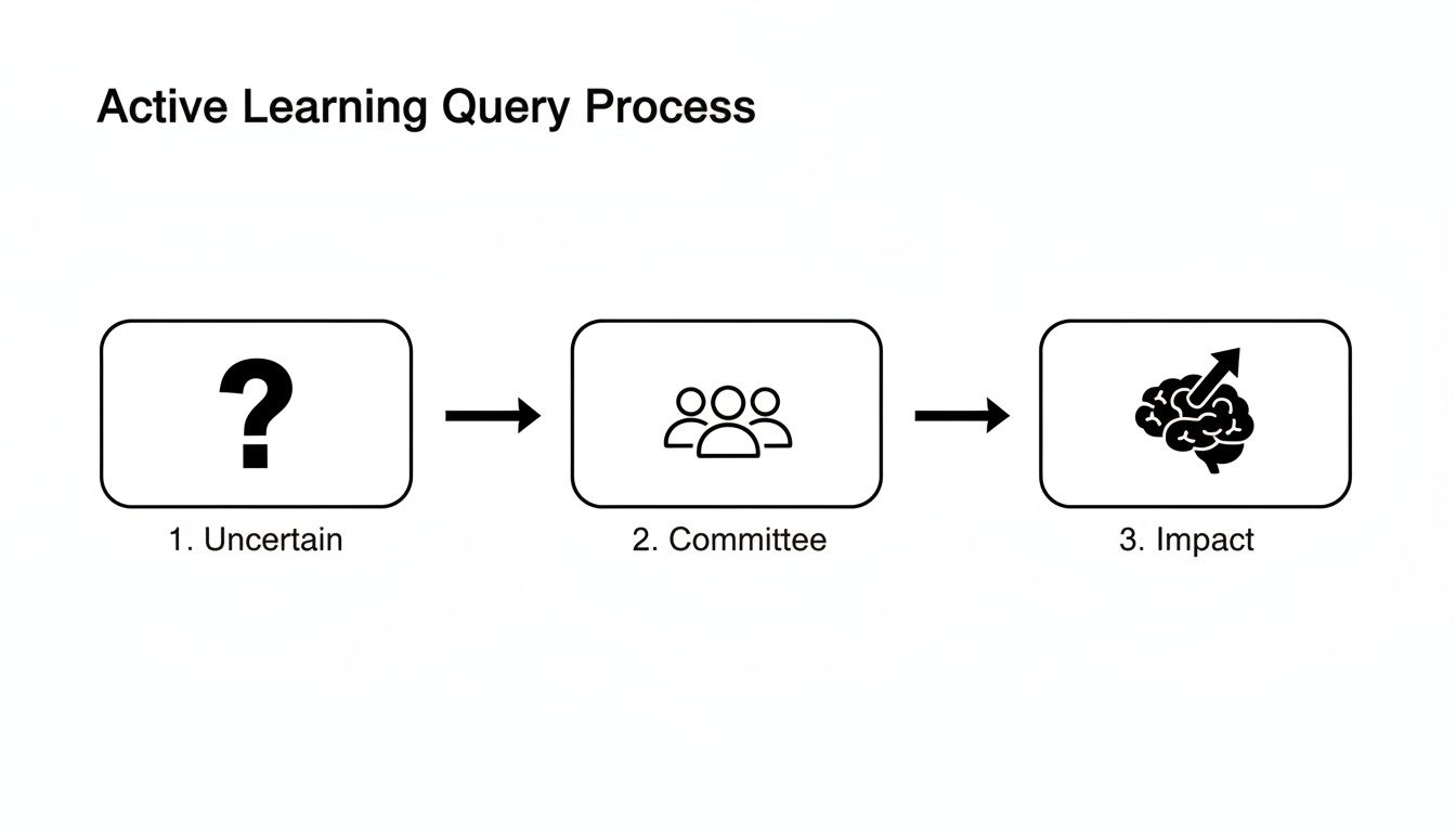 Diagram illustrating the Active Learning Query Process through uncertain, committee, and impact stages.