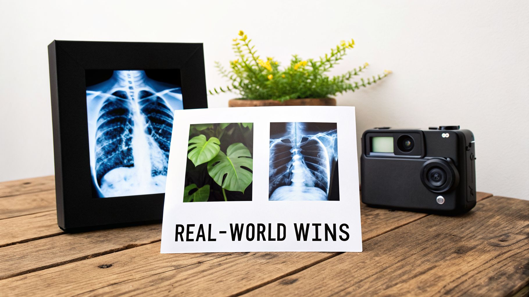 X-ray images, green monstera leaves, instant camera, and text 'REAL-WORLD WINS' on a wooden table.