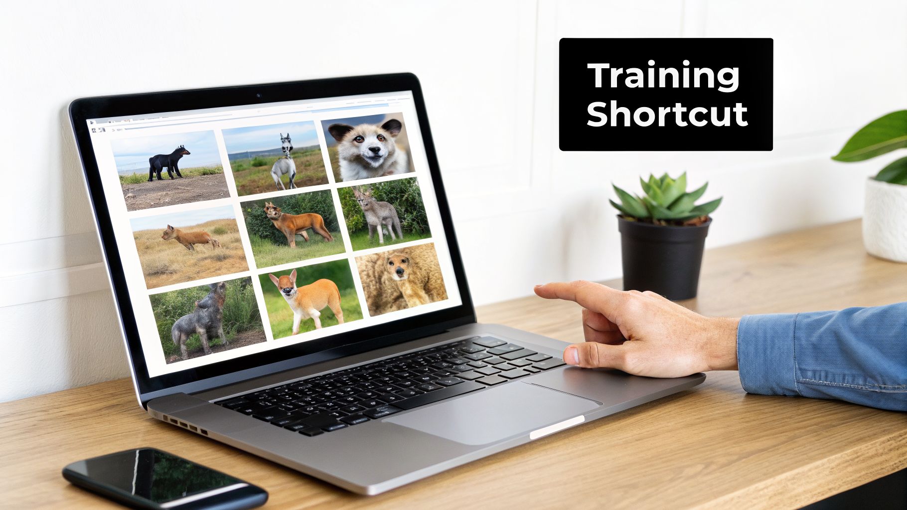 Person's hand pointing at a laptop displaying various animal images, with 'Training Shortcut' text visible.