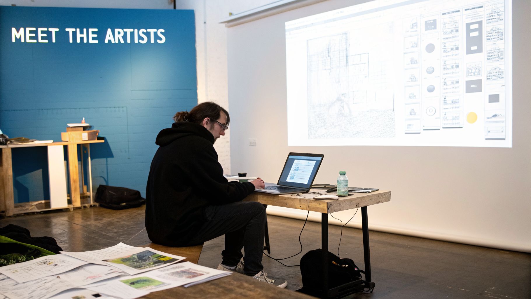 A person with glasses and a ponytail works on a laptop in an art gallery with a projection.