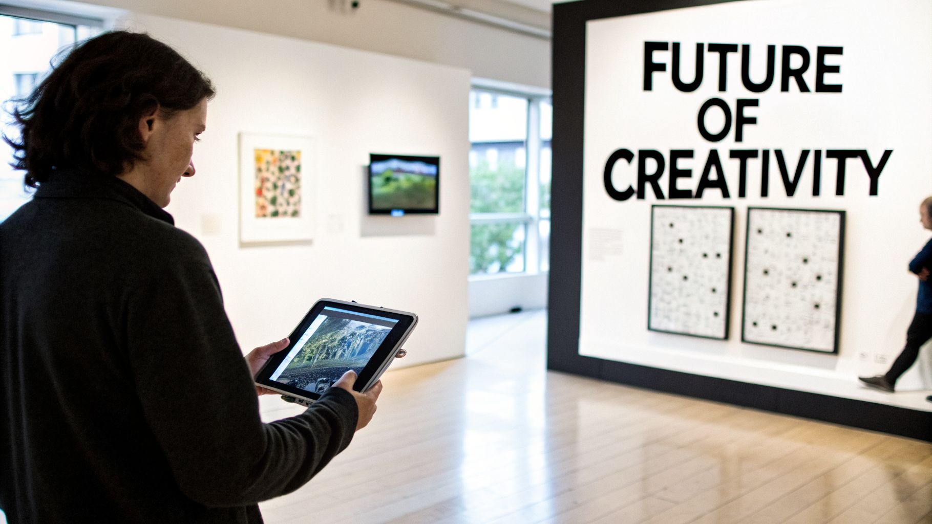 A person views digital art on a tablet in an interactive modern art gallery exhibition.