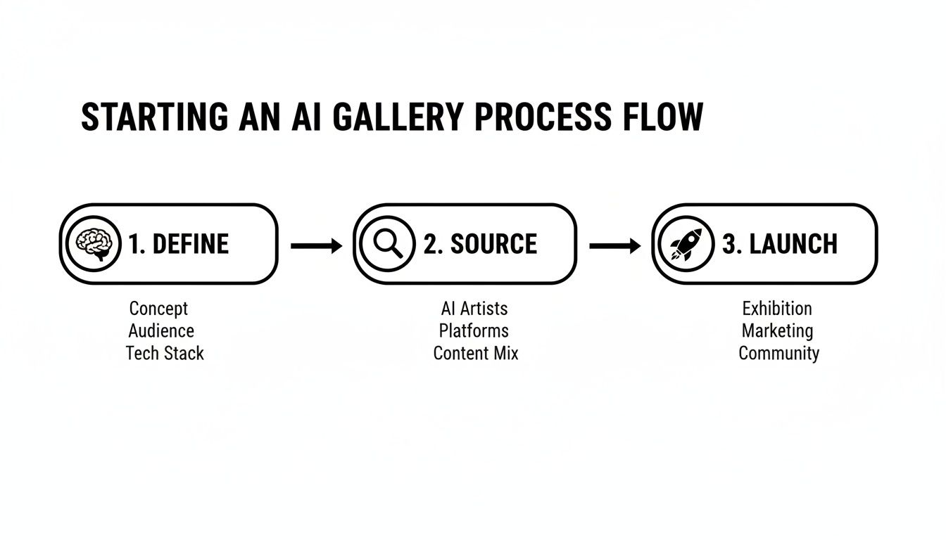 A three-step process flow for starting an AI art gallery, detailing define, source, and launch phases.