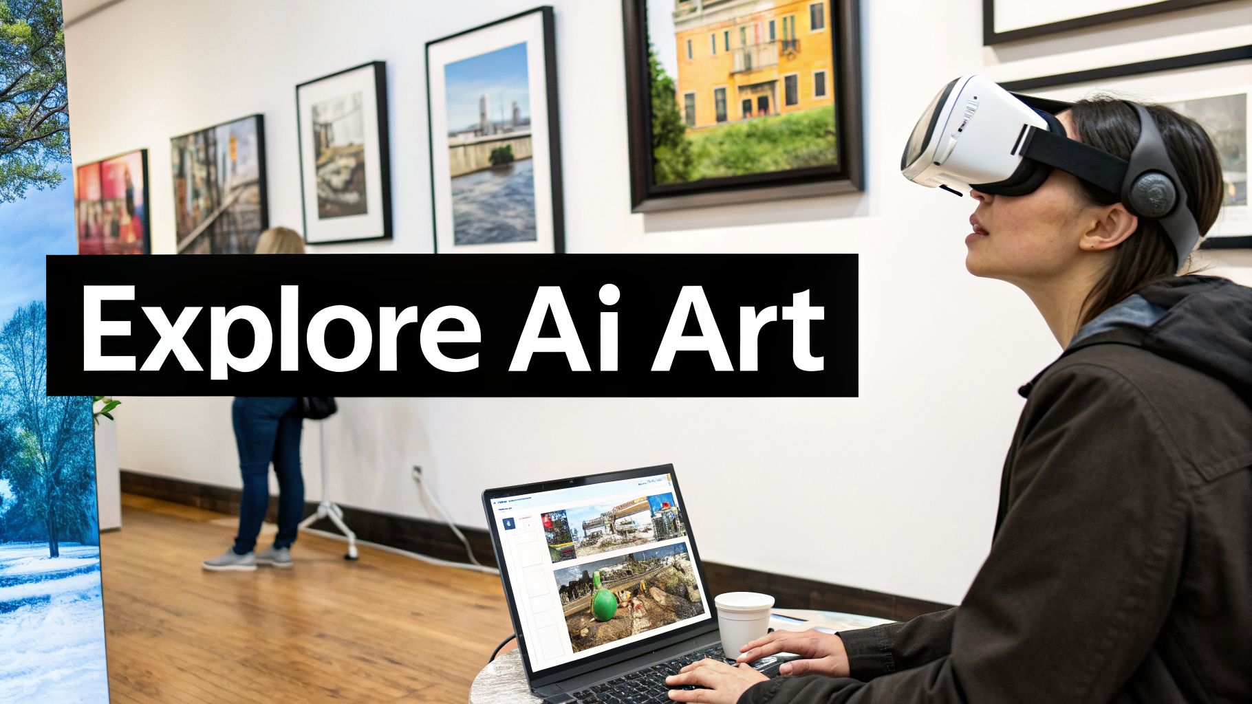 A visitor wearing a VR headset and another using a laptop explore AI art in a modern gallery setting.