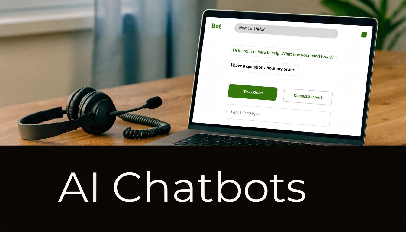 A modern laptop displaying an AI customer service chatbot interface on a wooden desk with headphones.