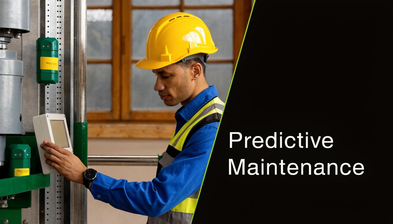A professional technician wearing a hard hat and high visibility vest performs predictive maintenance on industrial machinery.
