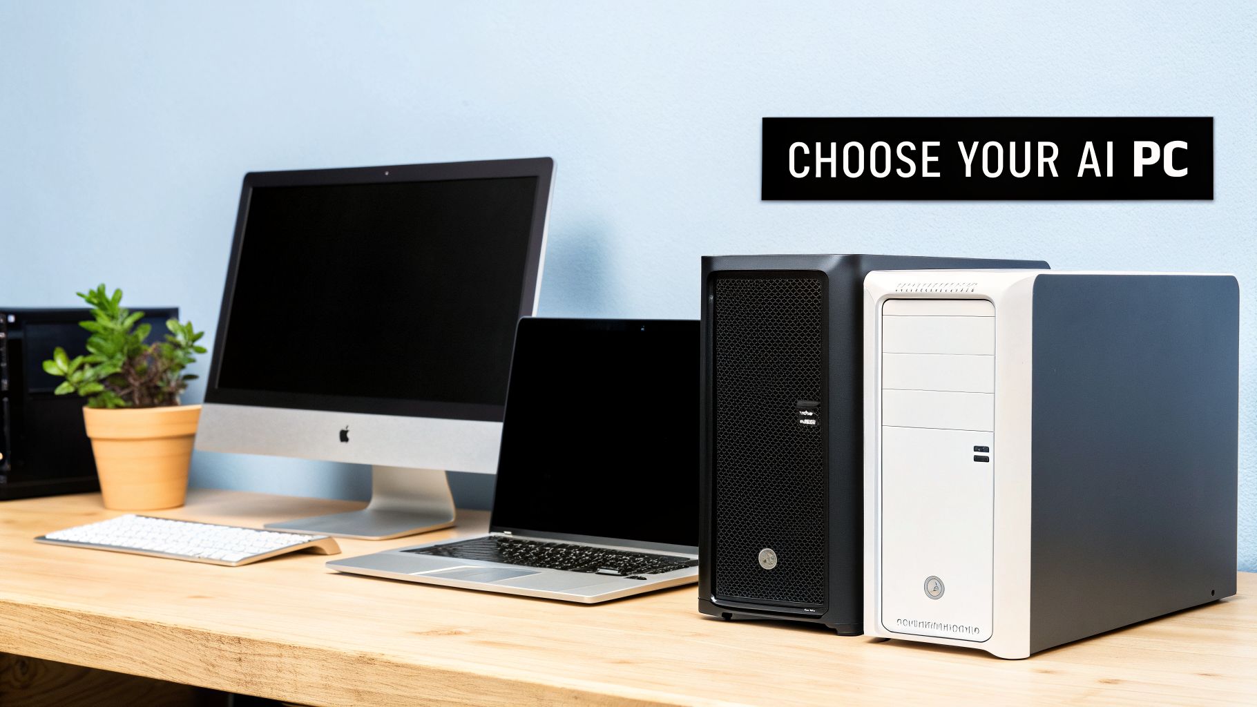 A diverse setup of computers including desktop PCs, an iMac, and a laptop on a wooden desk, labeled 'CHOOSE YOUR AI PC'.