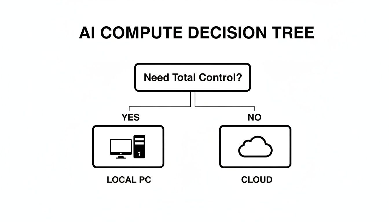 AI compute decision tree guiding users to choose between local PC or cloud based on control needs.