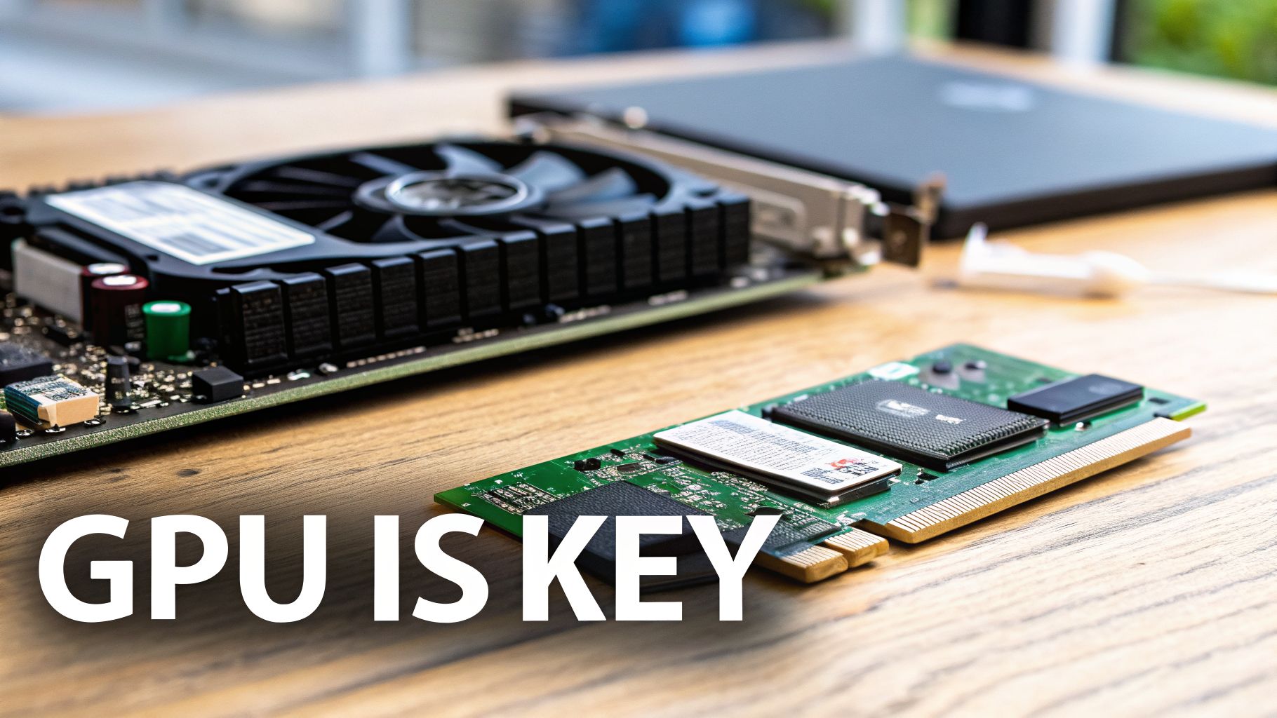 Close-up of a GPU (Graphics Processing Unit) and other computer components on a wooden desk with overlaid text 'GPU IS KEY'.