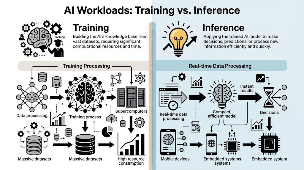 A diagram comparing the AI training process involving massive datasets with the real-time AI inference process.