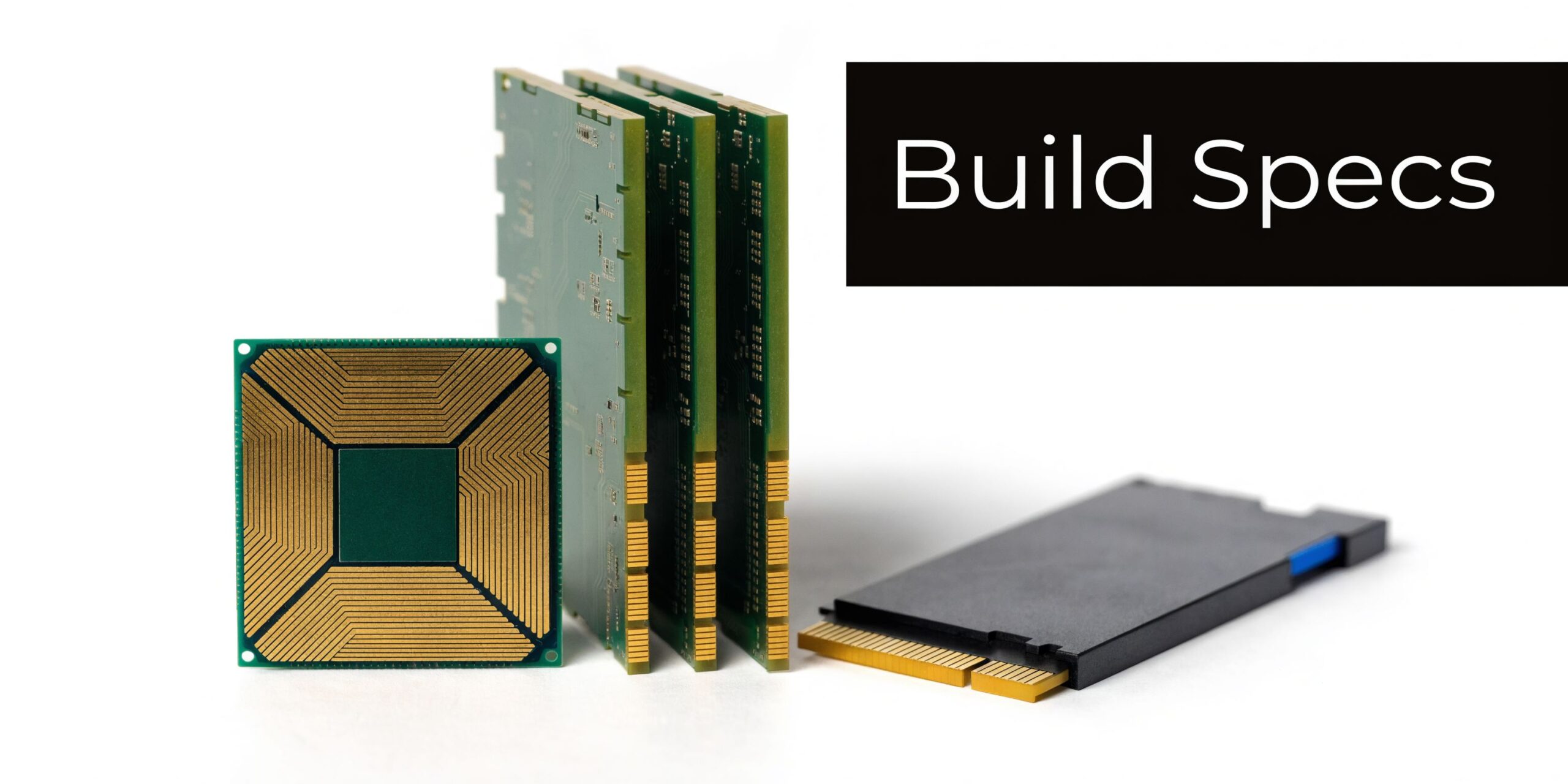 A close-up image showing a computer processor, three memory RAM sticks, and a solid-state drive.