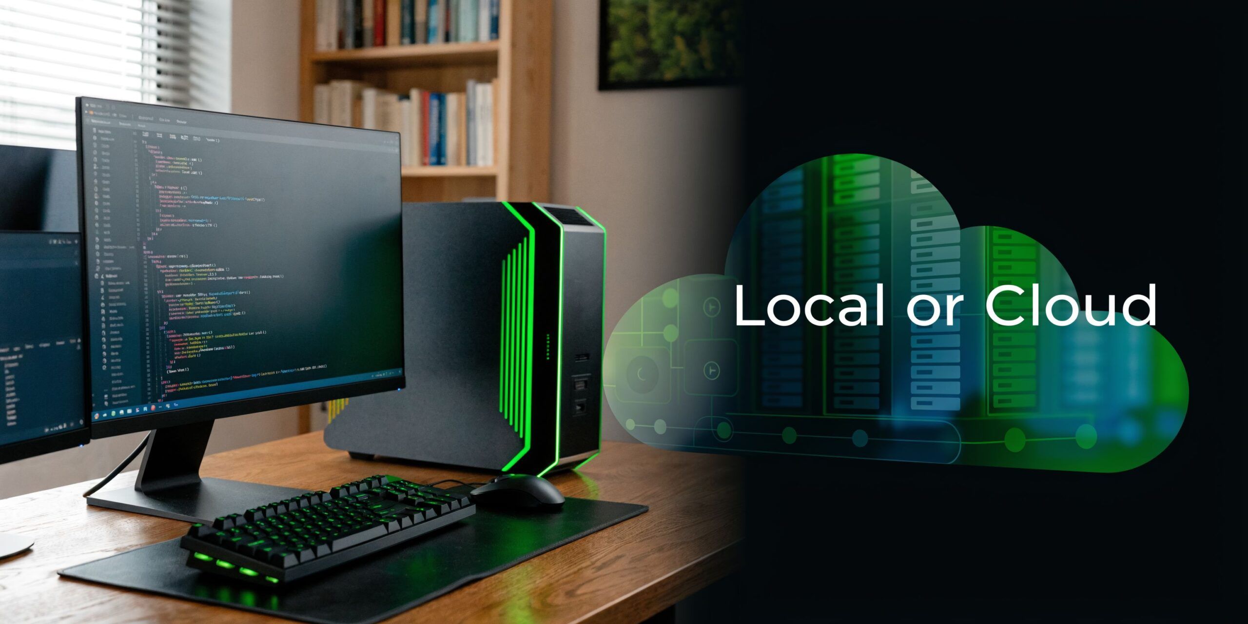 A powerful desktop computer on a desk next to a digital cloud icon symbolizing computing technology choices.