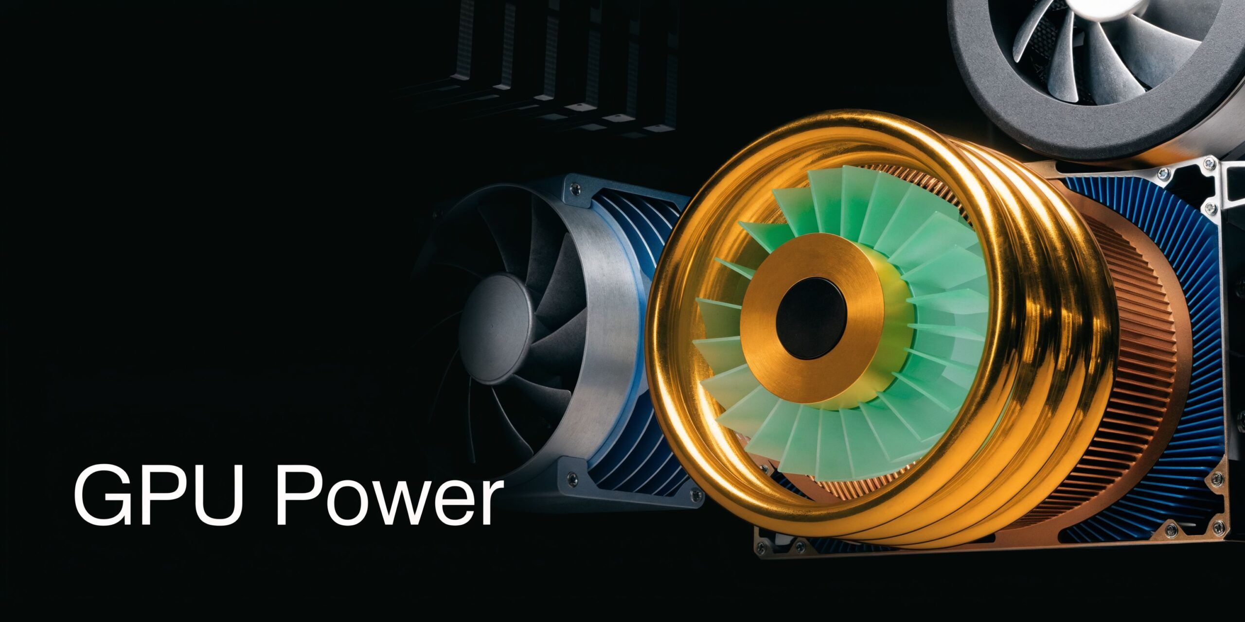 A conceptual image showcasing advanced computer hardware cooling systems with a gold-trimmed fan against a black background.