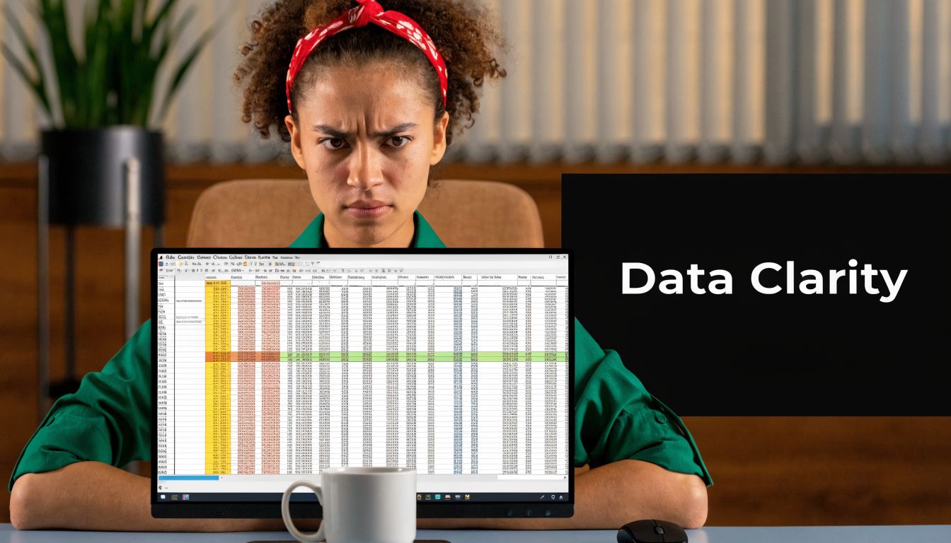 A frustrated woman looking at a cluttered and complex spreadsheet on a computer monitor while sitting at her desk.