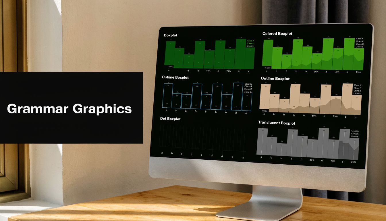 A computer monitor on a wooden desk displaying a dashboard of various boxplot data visualizations.