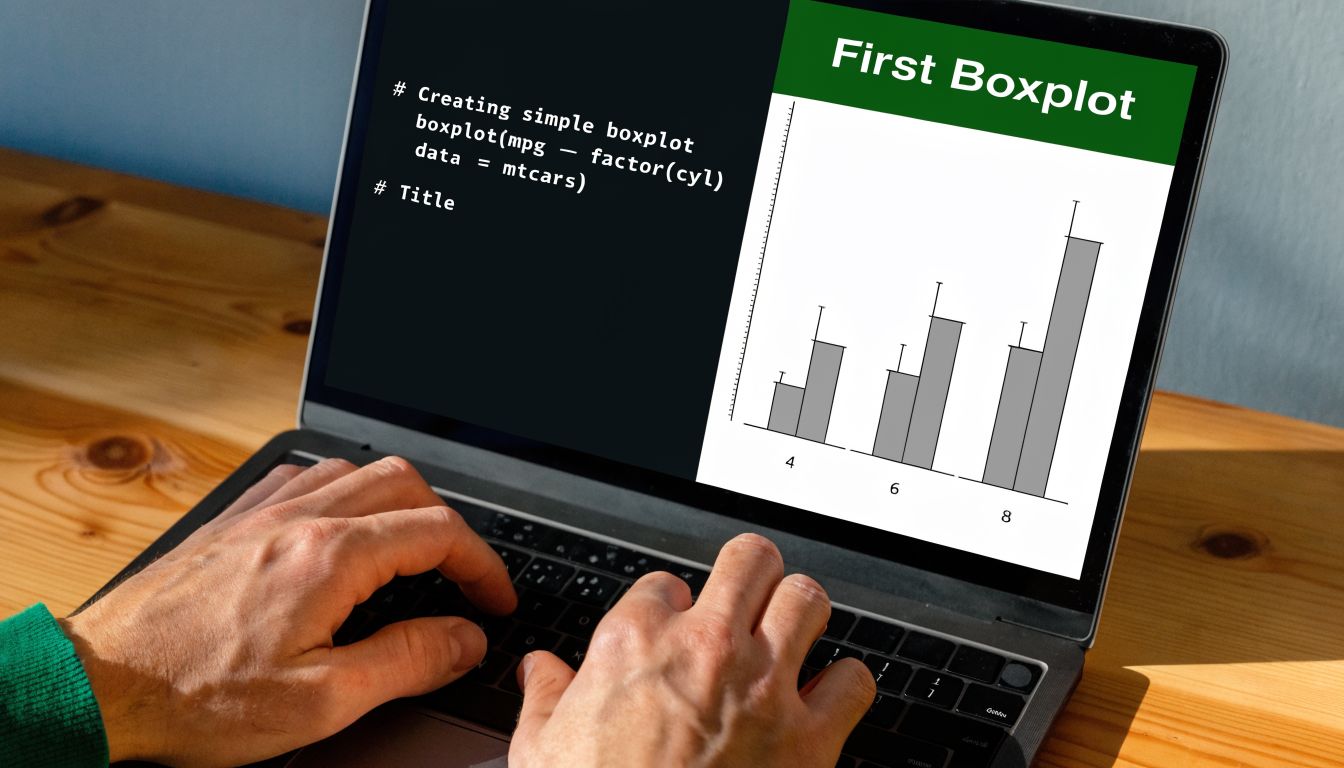 A person typing code on a laptop screen displaying R programming syntax and a boxplot chart.