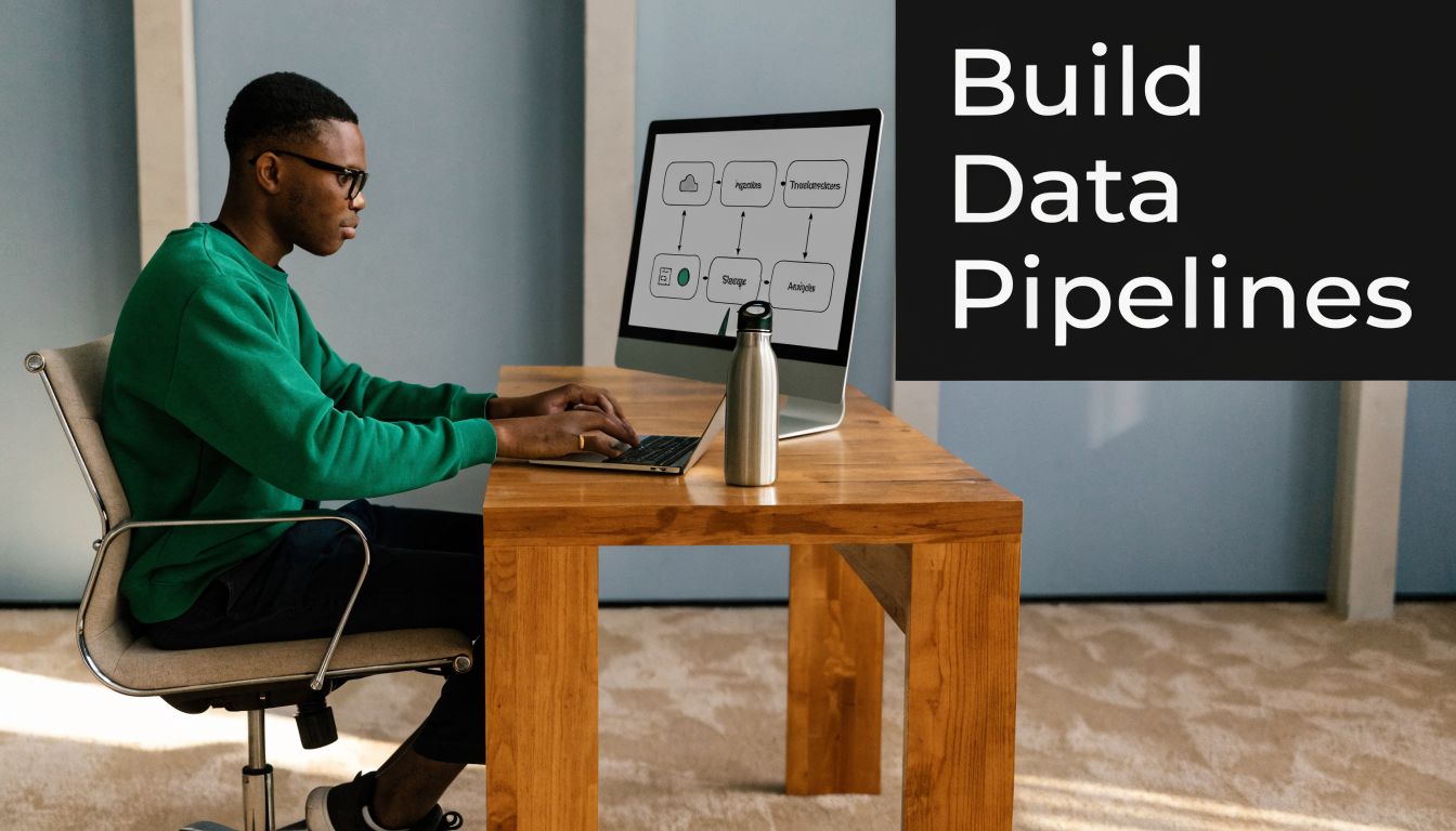 A young professional working on a laptop at a desk with a data pipeline diagram on screen.