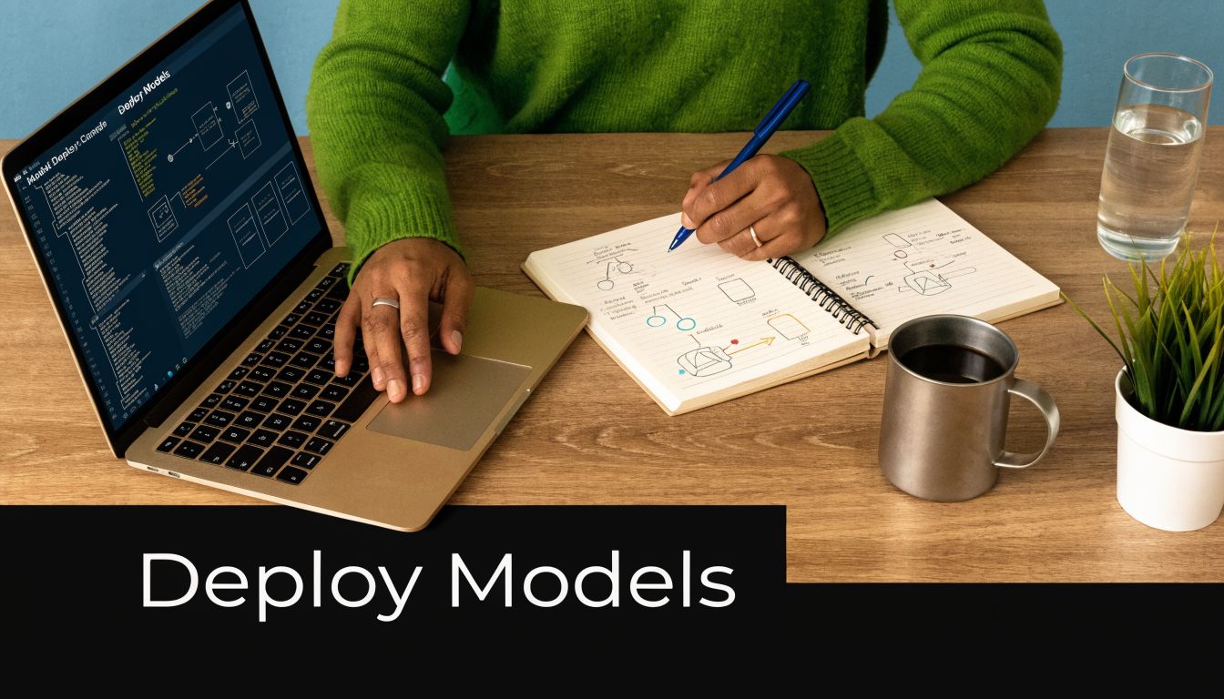 A person in a green sweater working on data model deployment planning using a laptop and notebook.