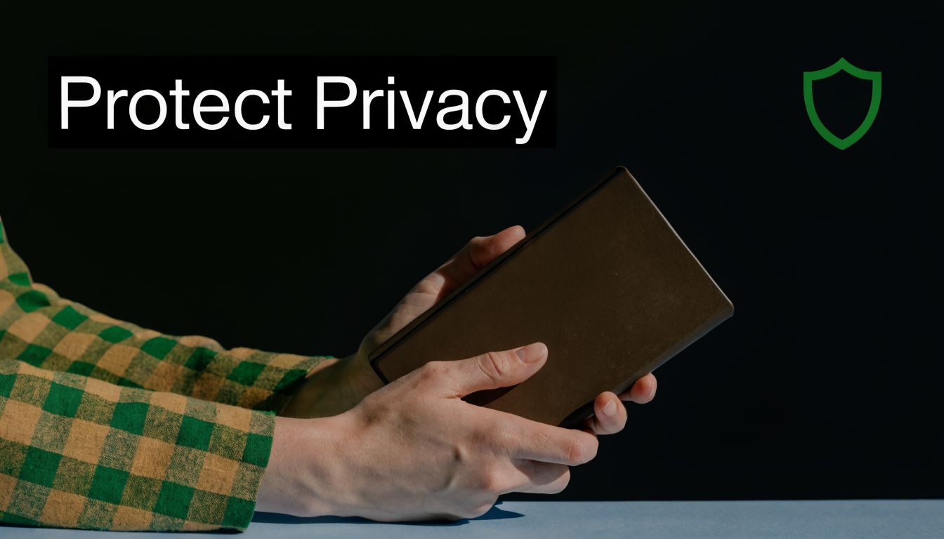 A person holding a closed book with a shield icon and the text Protect Privacy visible above.