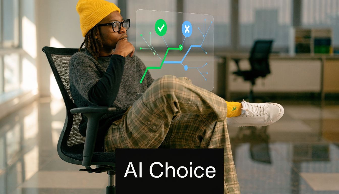 A young person sitting in an office chair contemplating digital flowcharts representing AI choice and decision making.