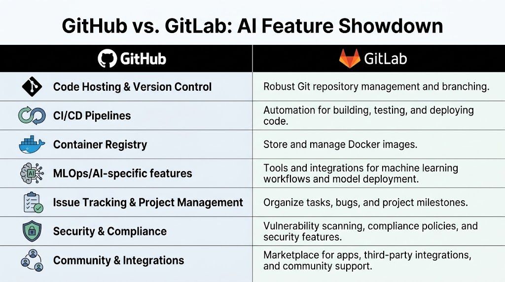 A comparison table outlining key features and capabilities of GitHub and GitLab for development and DevOps teams.