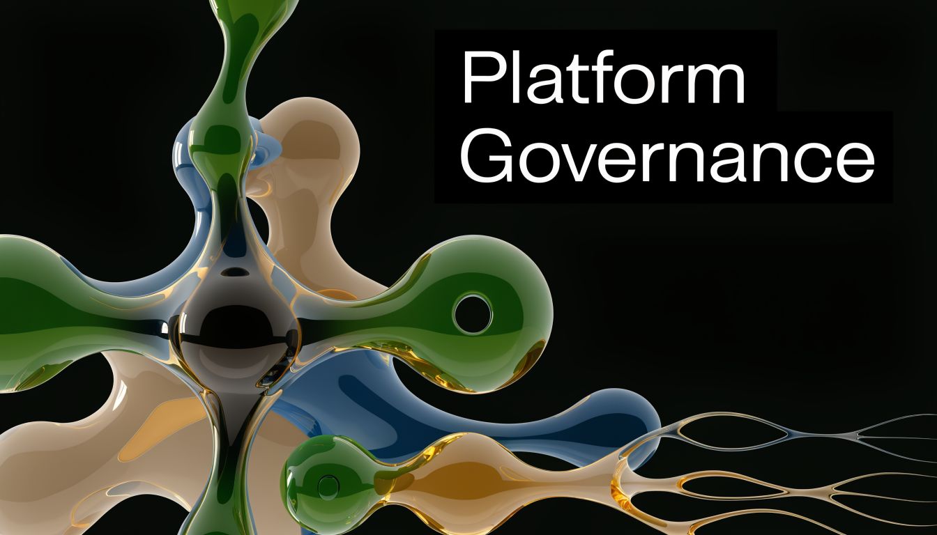A 3D abstract render of interconnected organic shapes with the text Platform Governance on a black background.