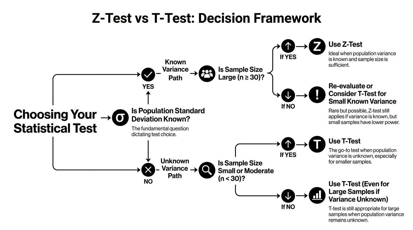 A flowchart comparing Z-tests and T-tests based on known population variance and sample size criteria.