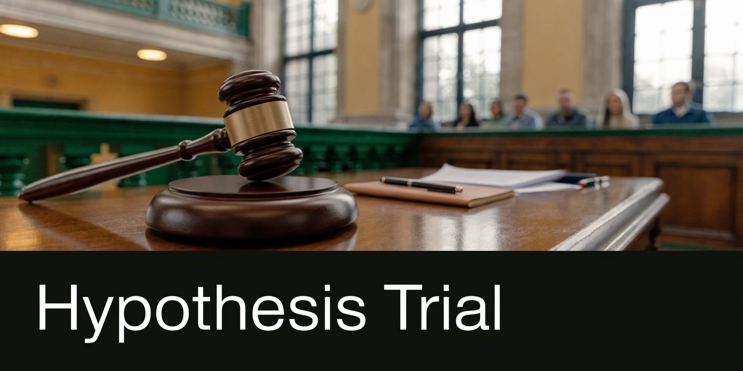 A wooden judge gavel resting on a table in a courtroom with blurred people in the background