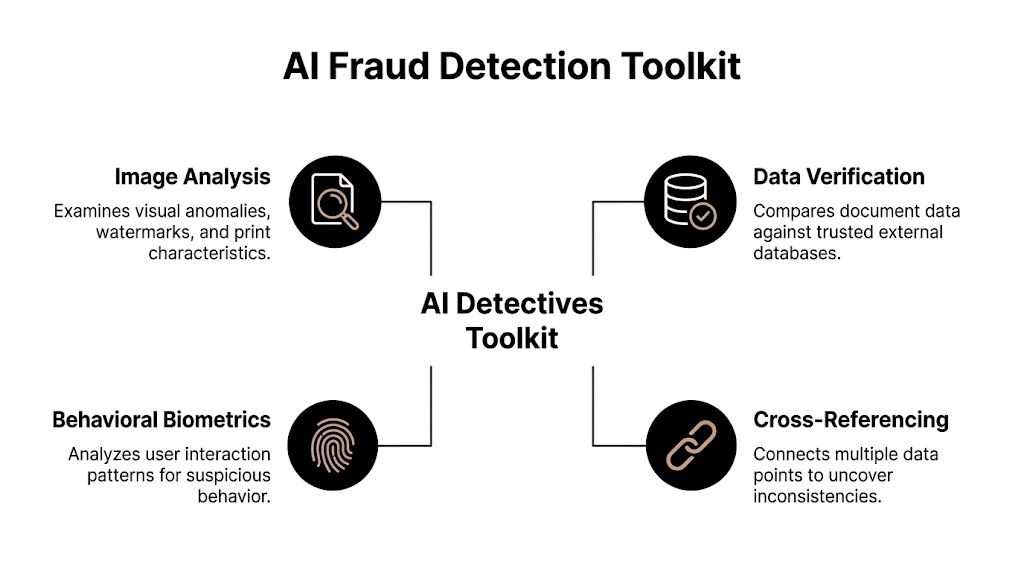 A diagram of the AI fraud detection toolkit showcasing image analysis, data verification, behavioral biometrics, and cross-referencing.