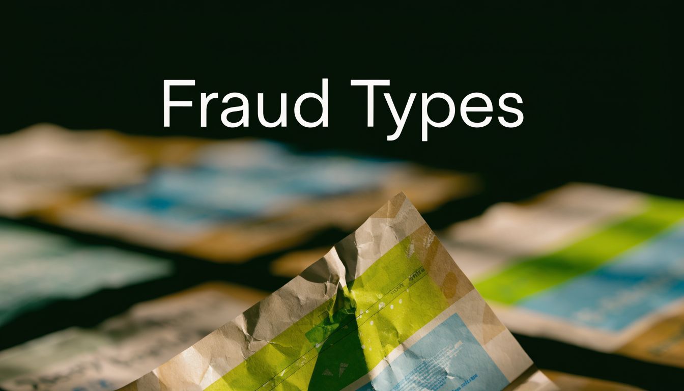 A close-up view of a crumpled, damaged document with the text Fraud Types displayed above it.