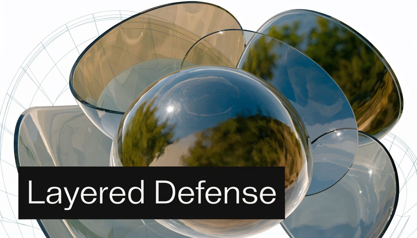 A conceptual 3D render of overlapping glass spheres, representing the concept of layered defense in cybersecurity.