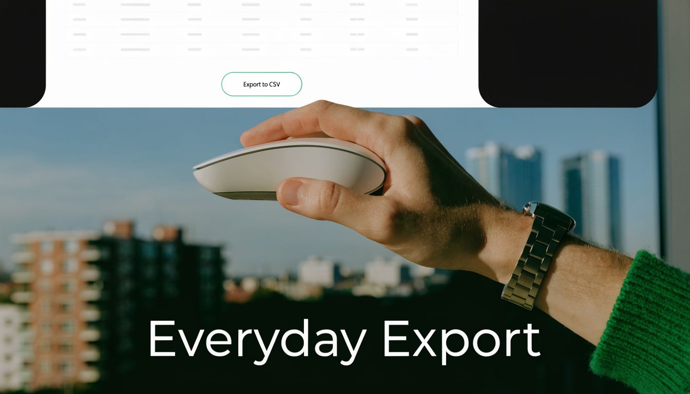 A hand holding a white wireless mouse near a digital screen labeled with an export to csv button.