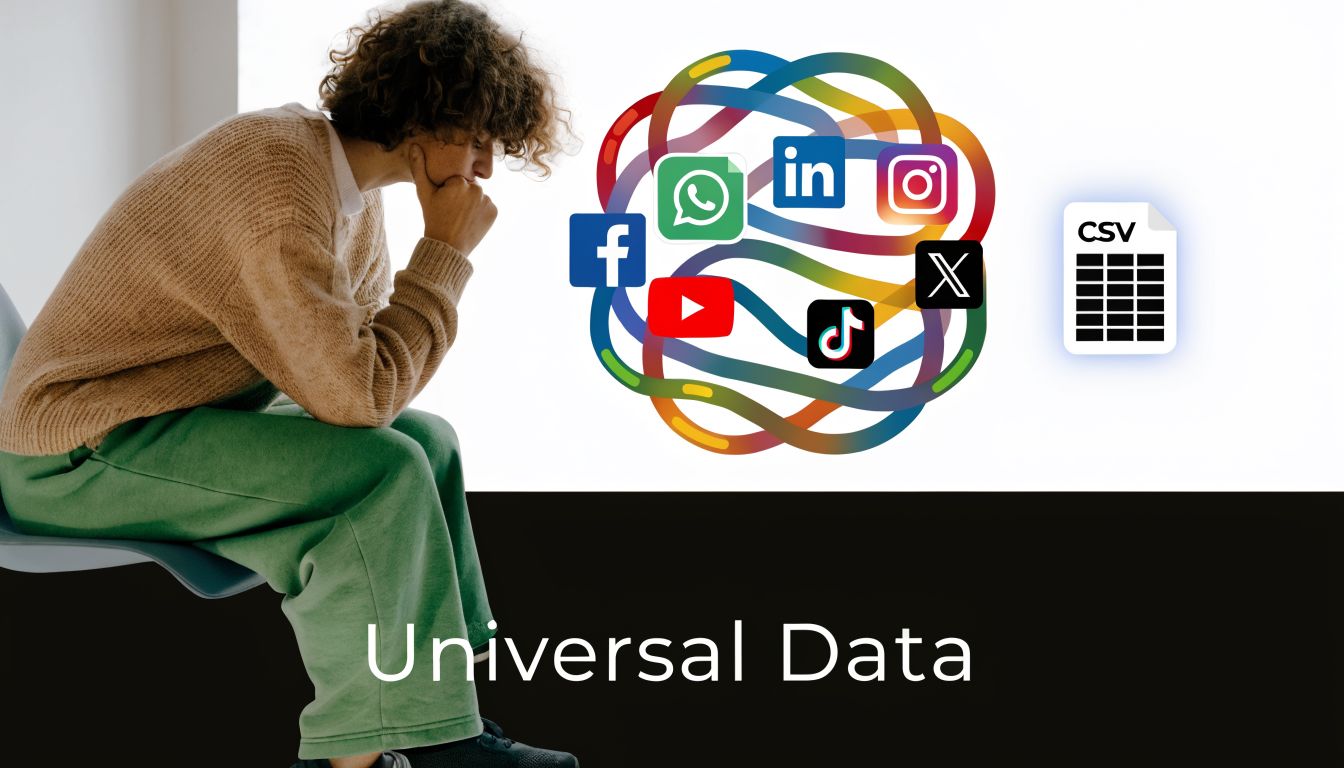 A person looking thoughtful next to social media logos tangled in a web leading to a CSV file.