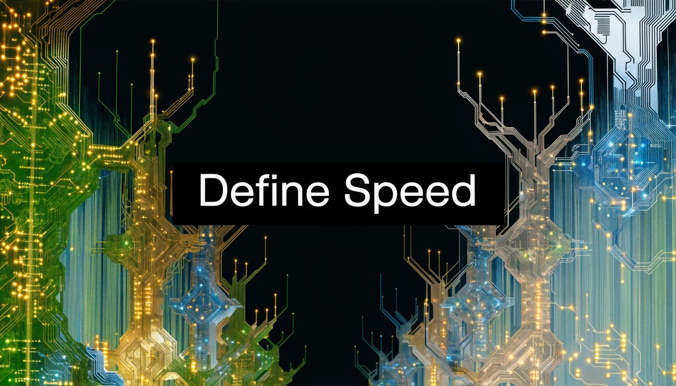 A digital abstract representation of complex data circuits glowing against a dark background with the text Define Speed.