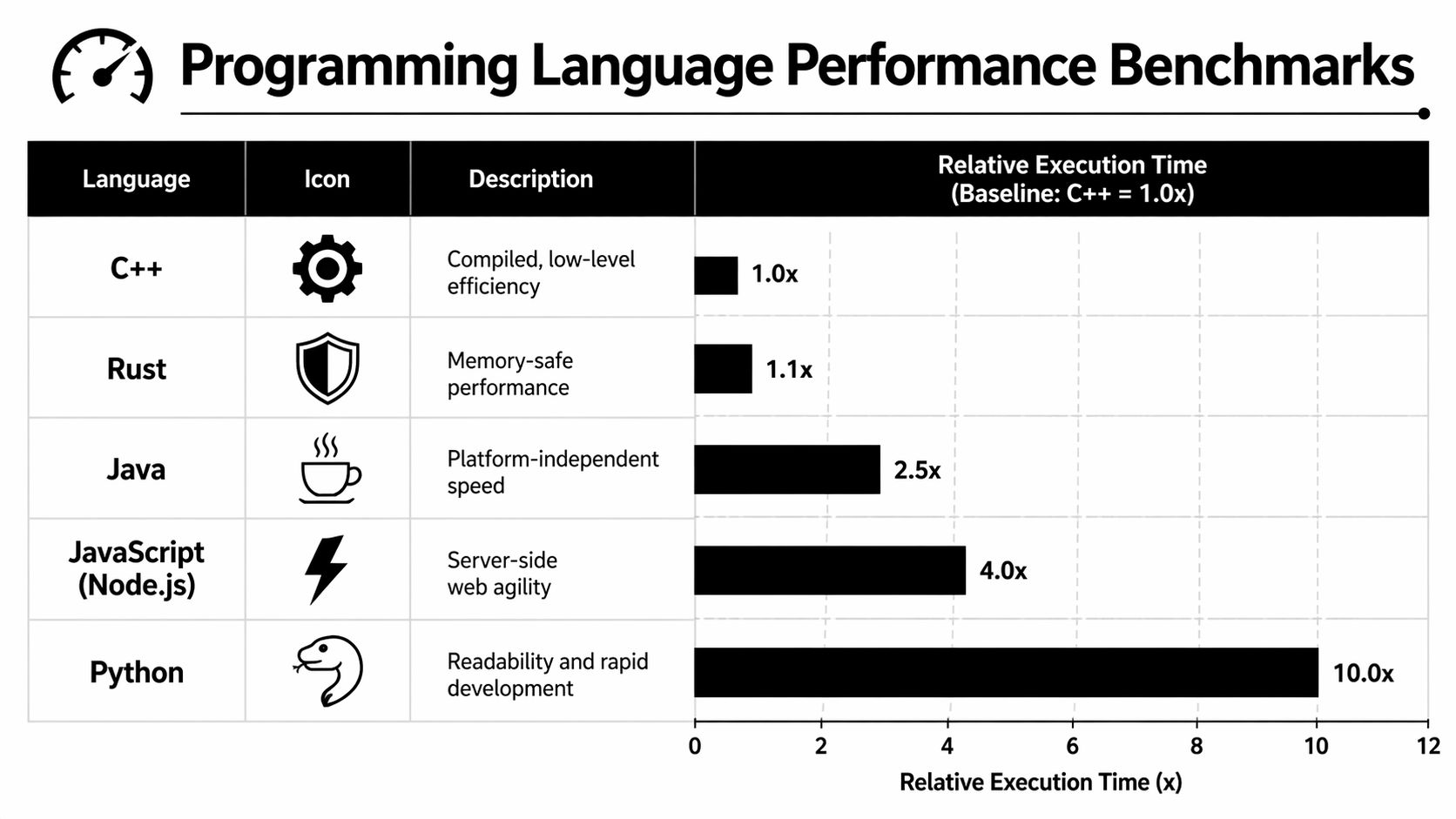 A horizontal bar chart comparing the relative execution speeds of C++, Rust, Java, JavaScript, and Python programming languages.
