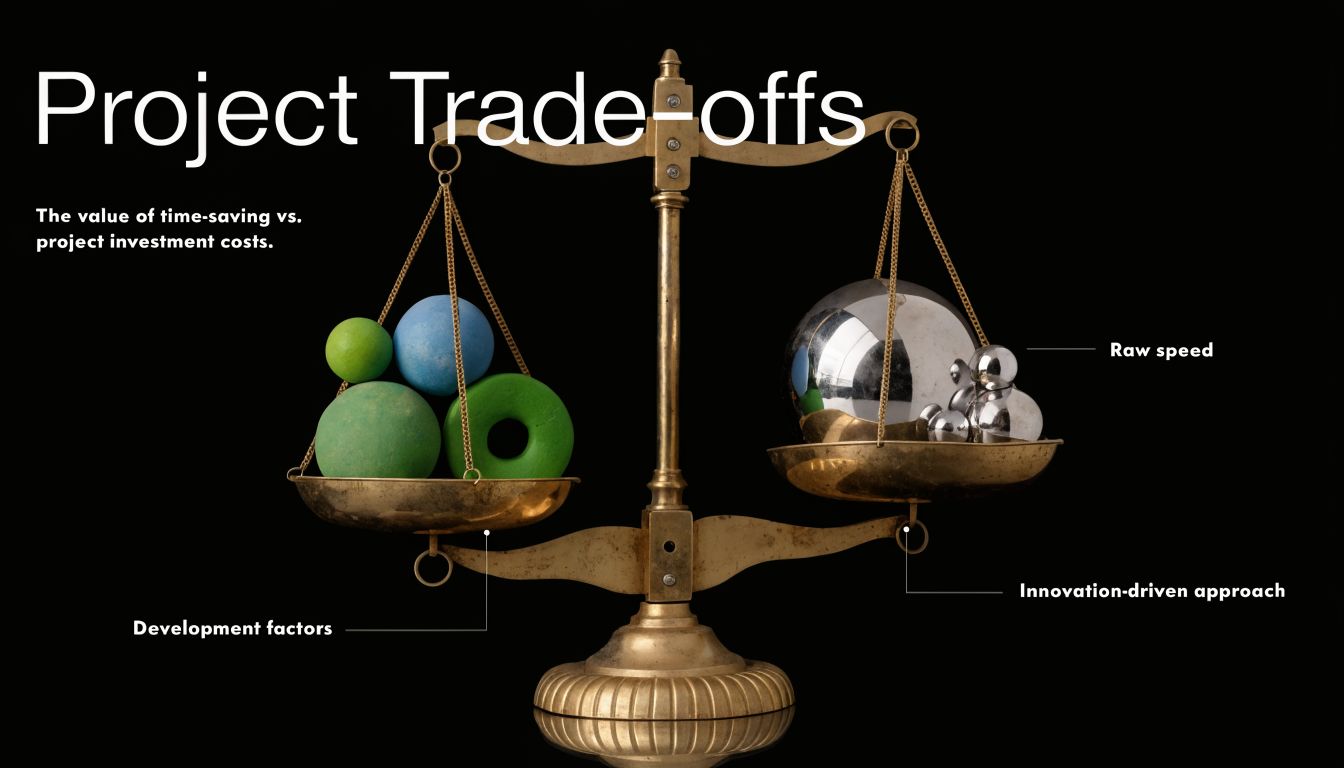A brass scale depicting project trade-offs between development factors and an innovation-driven approach for speed.