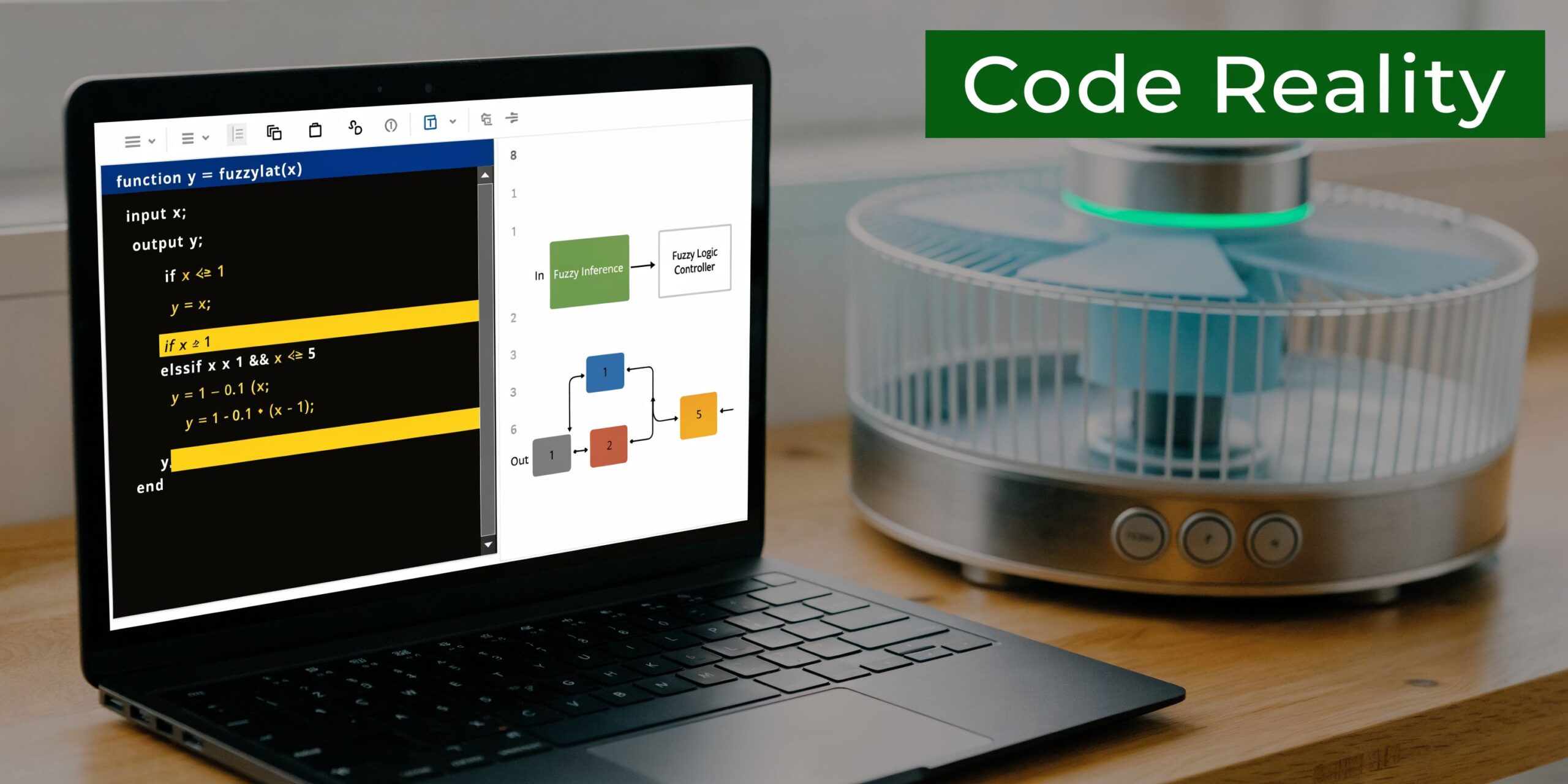 A laptop screen displaying fuzzy logic programming code next to a small desk fan on a wooden surface.