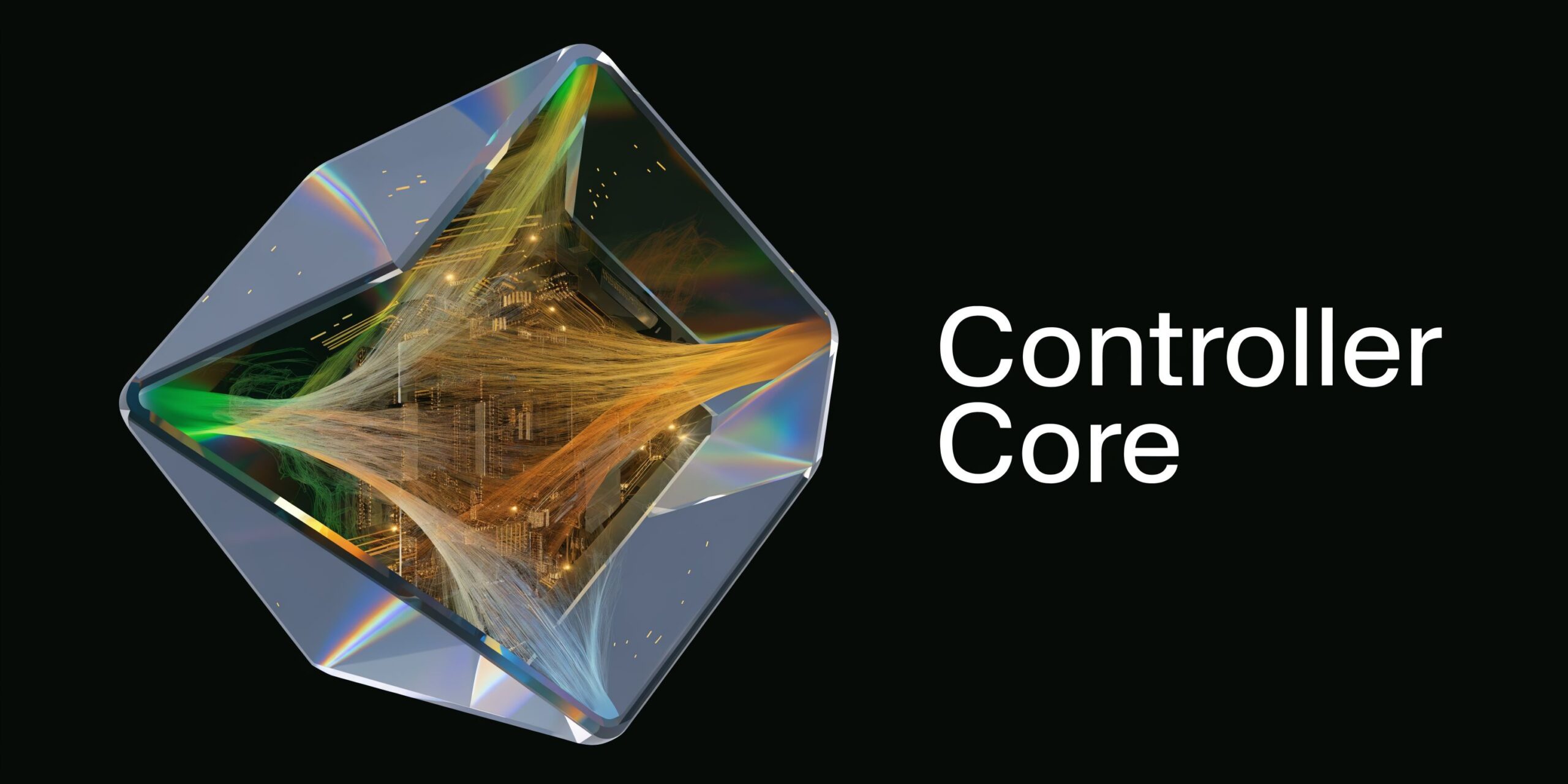 A 3D render of a geometric glass prism containing glowing light streams, labeled as Controller Core.