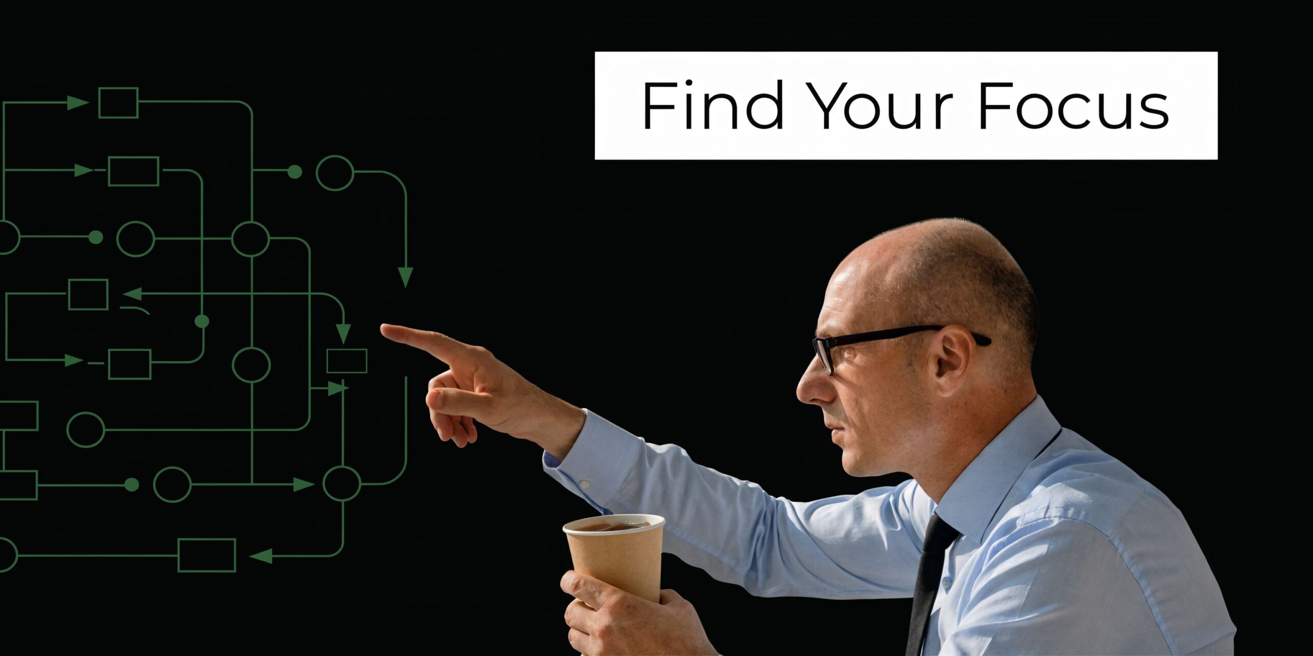 A professional man pointing at a glowing business workflow diagram against a dark black background.