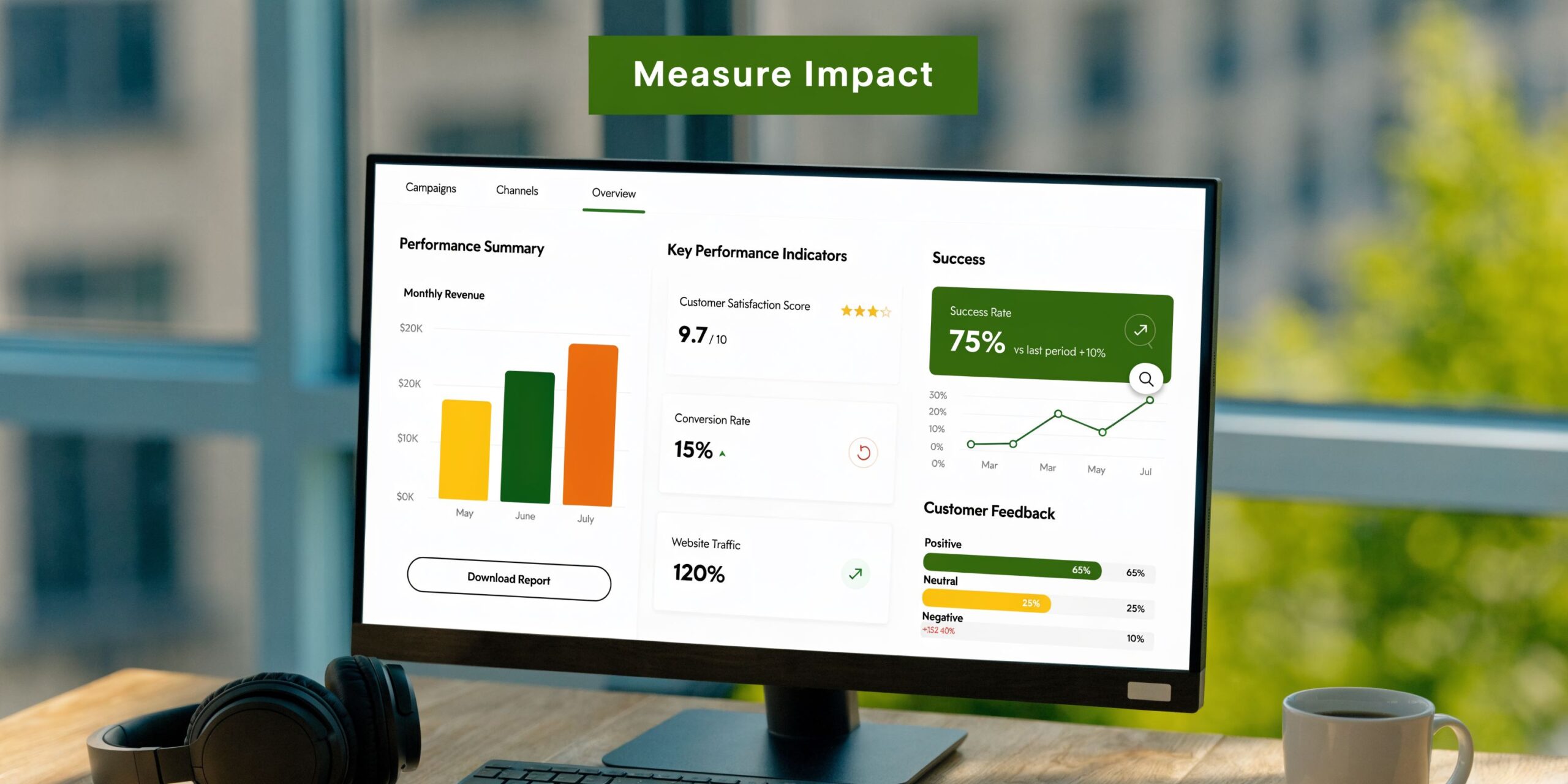 Computer monitor displaying a business performance dashboard with revenue charts, key performance indicators, and customer feedback metrics.