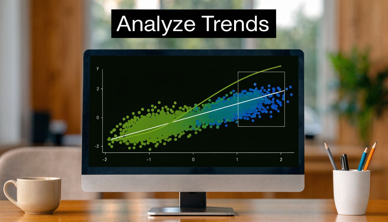 A desktop computer displaying a scatter plot chart with trend lines on the screen.