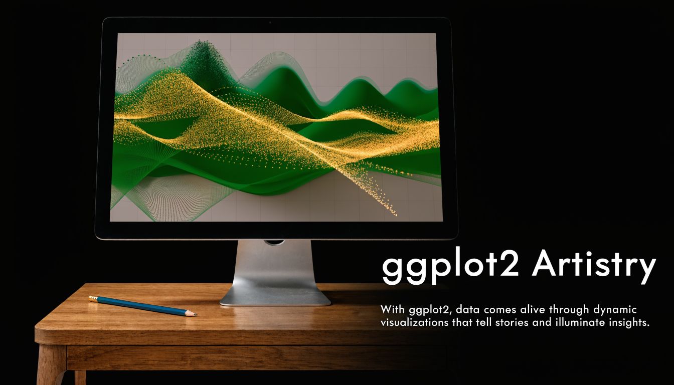 A modern computer monitor displays a beautiful data visualization on a wooden desk with a pencil.