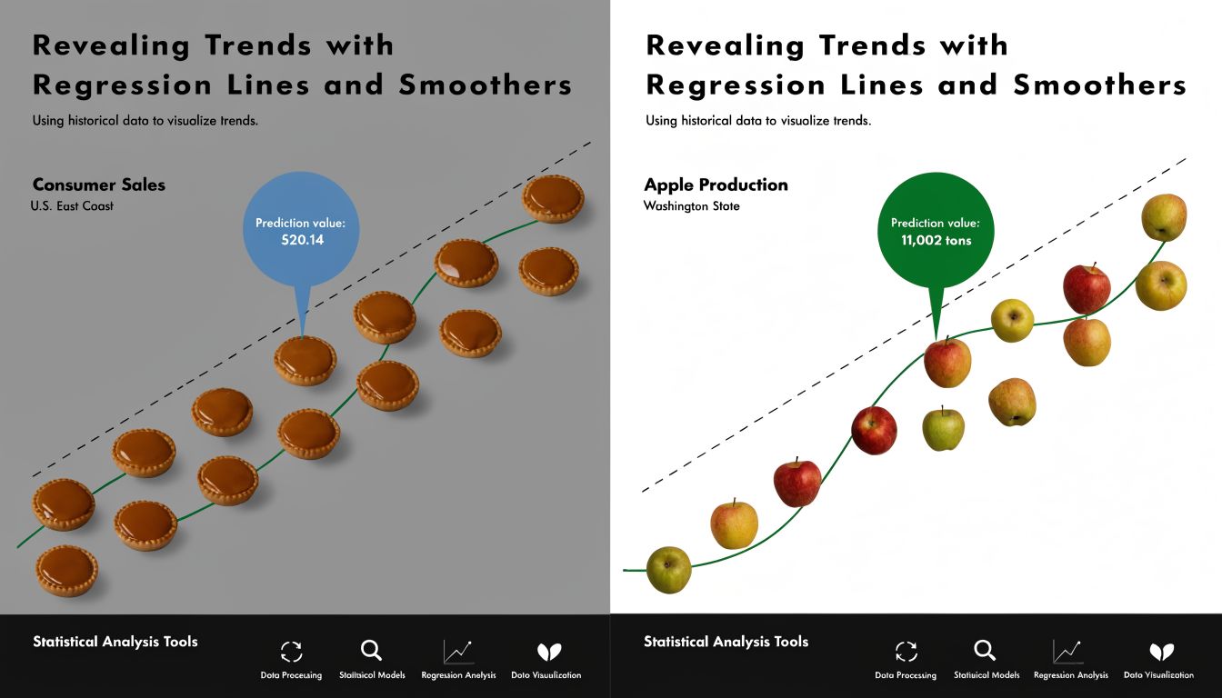 A side-by-side comparison chart illustrating regression lines and trend smoothers using pie and apple data points.