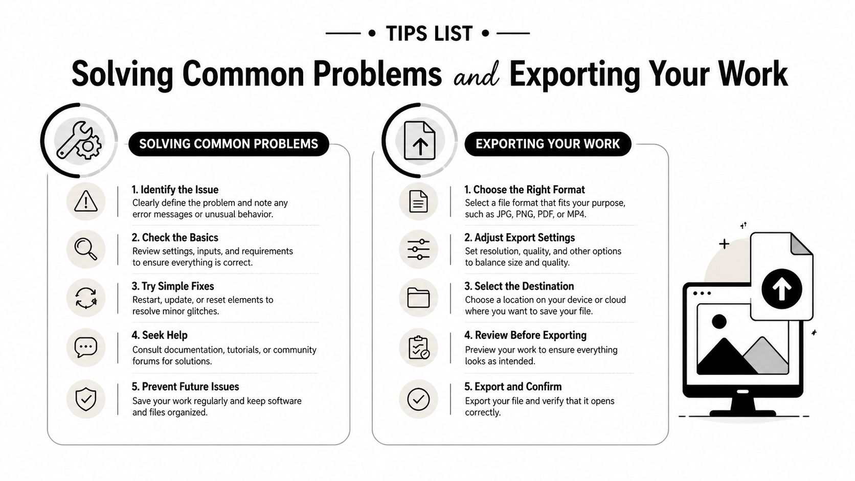 A professional infographic titled Tips List showing steps for troubleshooting technical problems and exporting digital files.